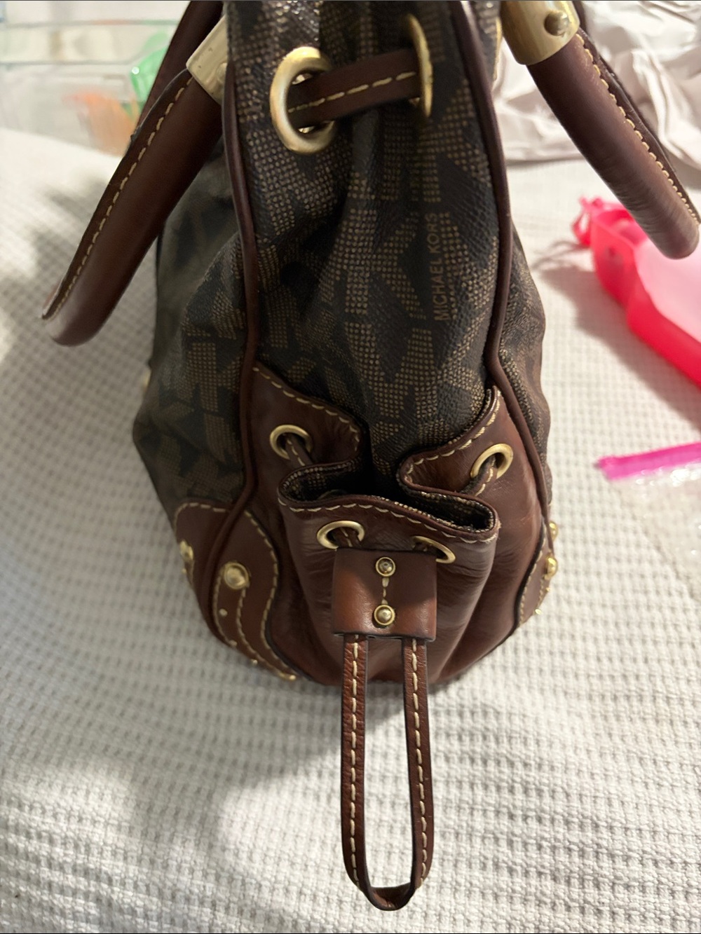 Michael Kors Brown MK Logo Drawstring Tote with Leather Trim - Picture 4 of 12